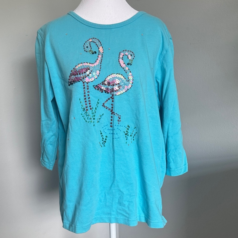 Quacker Factory Turquoise flamingo beaded Cotton Top